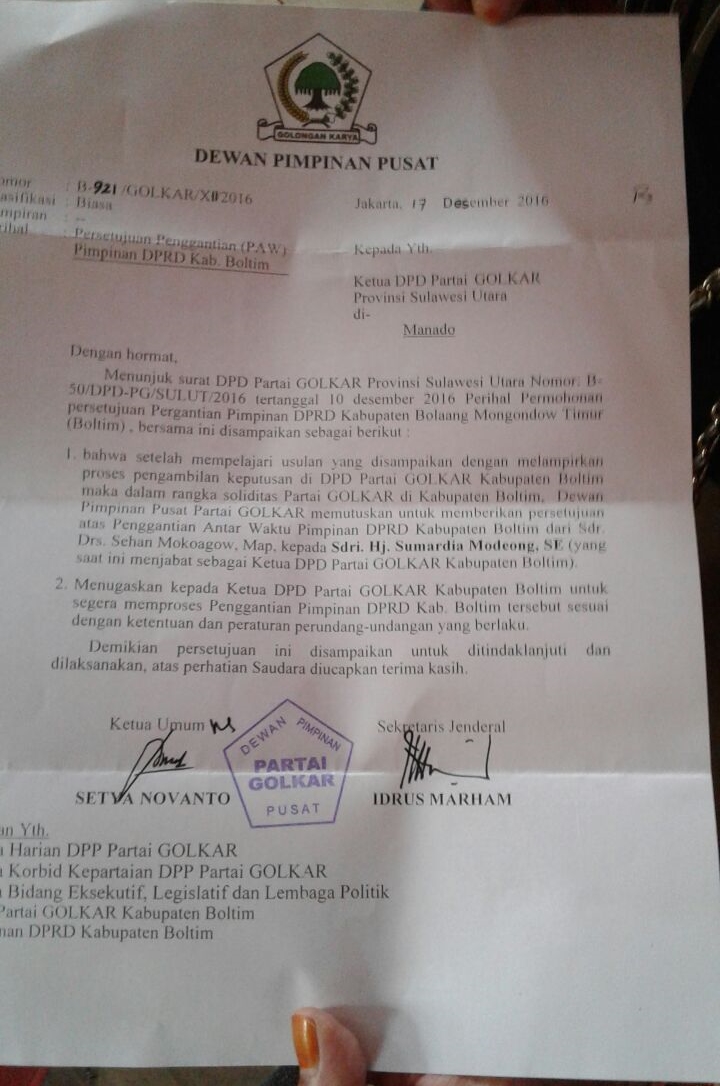 DPP Golkar Terbitkan Surat PAW Pimpinan DPRD Boltim
