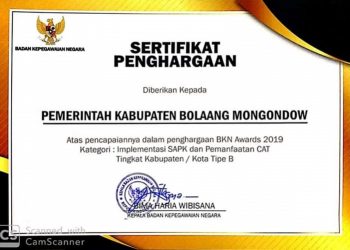 Kabupaten Bolaang Mongondow Masuk Pemenang BKN Award 2019