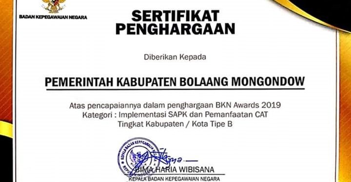 Kabupaten Bolaang Mongondow Masuk Pemenang BKN Award 2019