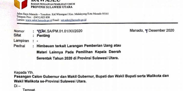 Bawaslu Sulut Ingatkan Paslon Jangan Lakukan Politik Uang