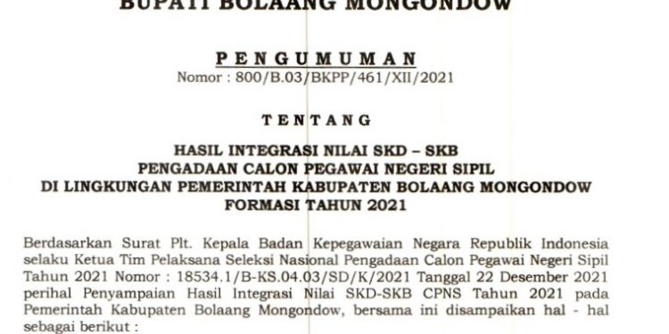Inilah Hasil Seleksi CPNS 2021 di Lingkup Pemkab Bolmong