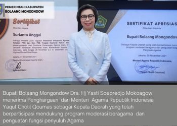 Pemkab Bolmong Terima Sertifikat Atas Dukungan Program Moderasi Beragama
