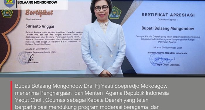 Pemkab Bolmong Terima Sertifikat Atas Dukungan Program Moderasi Beragama