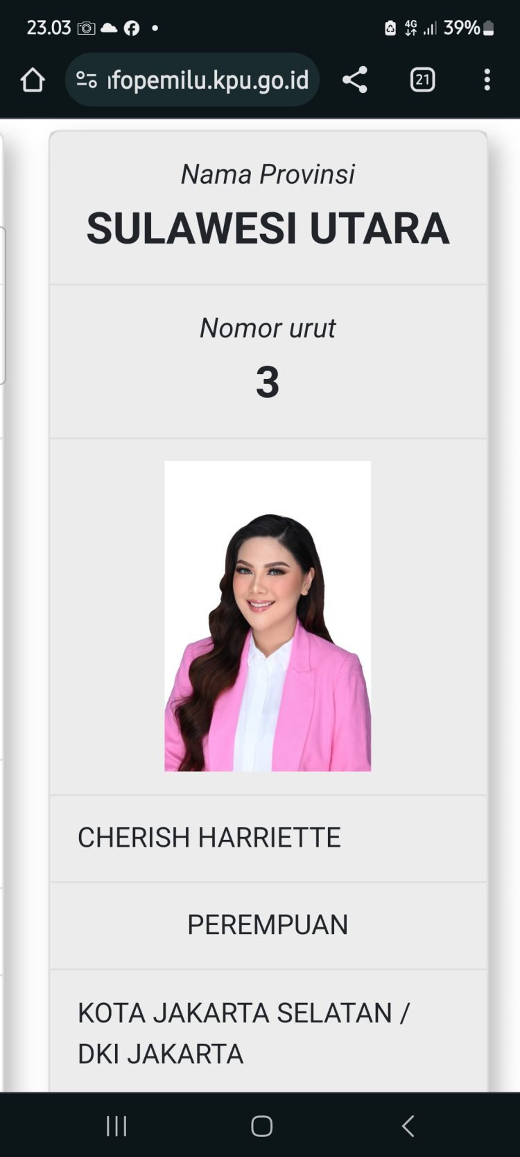 Calon DPD RI Dapil Sulut Cherish Harriette Nomor Urut 3