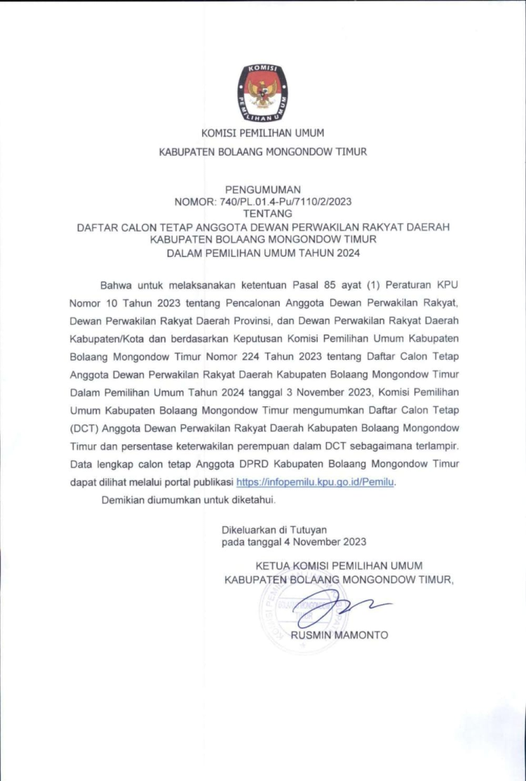 KPU Boltim Umumkan Daftar Caleg Tetap Yang Ikut Pemilu 2024