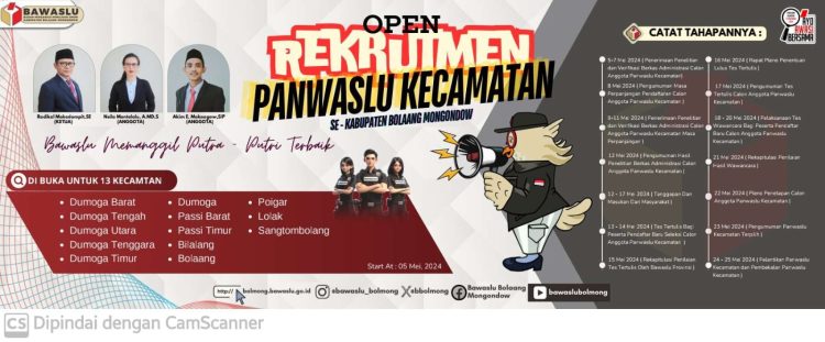 Bawaslu Bolmong Buka Rekrutmen Panwascam Pilkada 2024