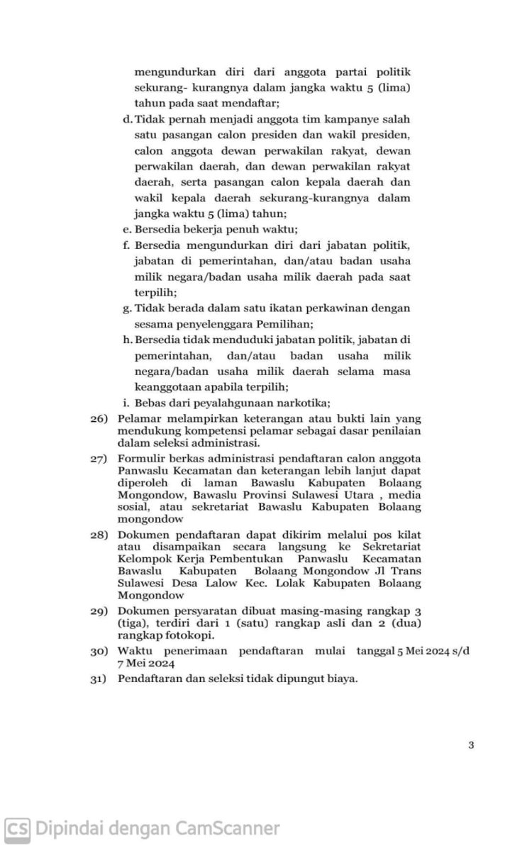 Bawaslu Bolmong Buka Rekrutmen Panwascam Pilkada 2024