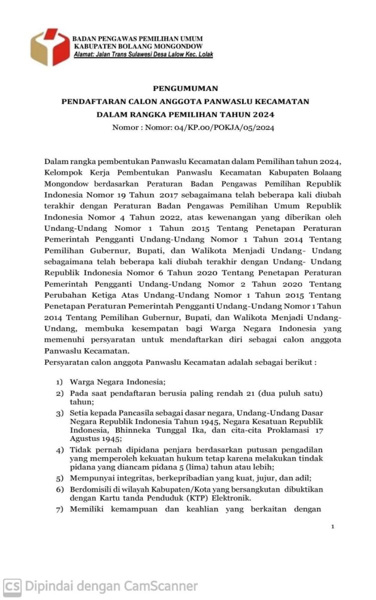Bawaslu Bolmong Buka Rekrutmen Panwascam Pilkada 2024